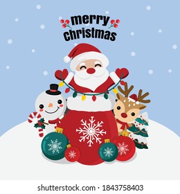 Merry Christmas and happy new year greeting card with cute cartoon character vector.