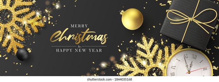 Merry Christmas and Happy New Year banner. Holiday background with realistic black gift box, sparkling light garlands, wall clock, Christmas balls, golden confetti and snowflakes. Vector illustration.