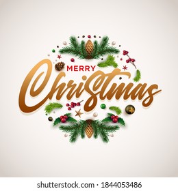 Merry Christmas and happy new year greeting card. Christmas wreath design with festive Christmas decoration ornaments and objects. Vector illustration.