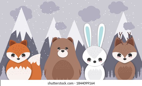 Merry Christmas and happy new year greetings background with cartoon animals.