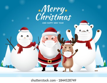 Merry Christmas and Happy New Year with Santa gang wearing surgical mask. Santa Claus, Reindeer, Polar bear and Snowman. COVID-19 and Corona virus protection. Vector illustration.