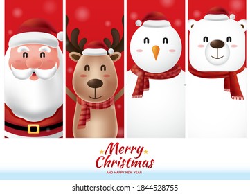 Merry Christmas and Happy New Year with Santa Claus and the gang on red squares background. Vector illustration.