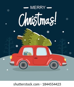 Merry christmas and happy new year greeting card with retro car and lettering. Vector illustration. Winter evening landscape background. 