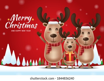 Merry Christmas and Happy New Year with Reindeer family on red background. COVID-19 and Corona virus protection.Vector illustration.