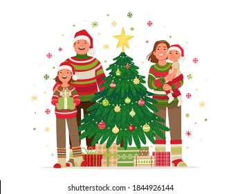 Merry Christmas and Happy New Year. Happy family is standing next to the Christmas tree. Dad, mom and children celebrate the holiday. Vector illustration in flat style