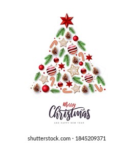 Merry Christmas and Happy New Year greeting card. Christmas holiday background with fir tree, snowflakes, glass balls, pine cones and stars