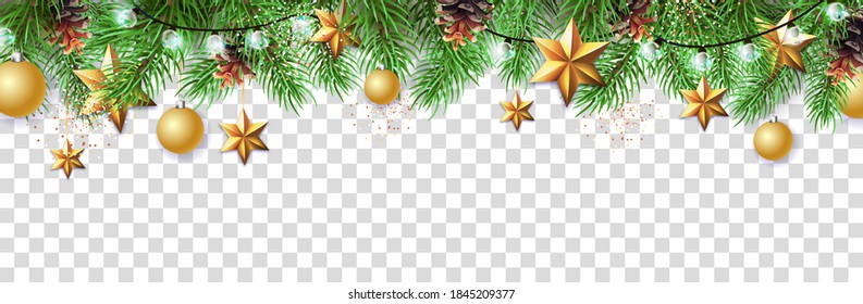 Merry Christmas and Happy New Year greeting card. Christmas holiday fir tree, snowflakes, glass balls, pine cones and star on transparent background