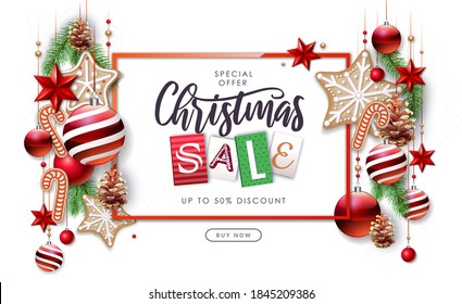 Merry Christmas and Happy New Year greeting card. Christmas big sale poster with fir tree, snowflakes, glass balls, pine cones and stars