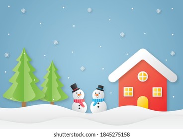 Merry christmas and happy new year paper cut card with snowman on blue background. vector illustration.