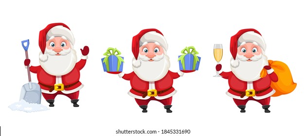 Merry Christmas and Happy New Year. Cheerful Santa Claus cartoon character, set of three poses. Santa with snow shovel, with two gift boxes and with glass of champagne. Vector illustration