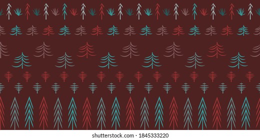 Merry Christmas And Happy New Year Seamless Horizontal Background. Child's Drawing Of Trees In Forest. Vector Pattern In Trendy Soft Pastel Colors On Dark Background.