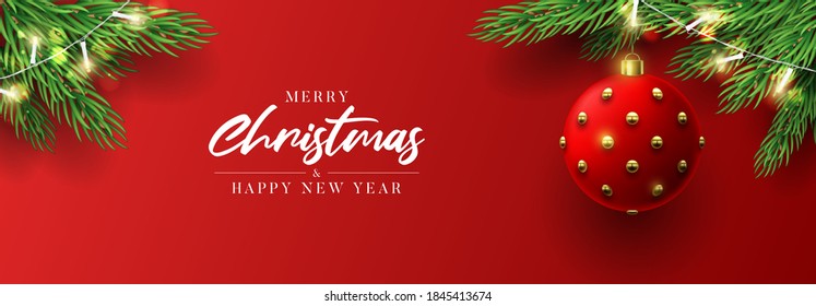 Merry Christmas and Happy New Year banner. Holiday background with realistic Christmas ball, sparkling light garlands and fir-tree branches. Vector illustration.