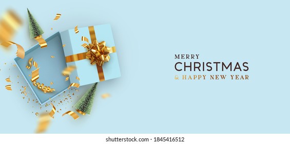 Merry christmas and Happy New Year template with open gift box. Xmas design Realistic decorative objects. Sale banner, surprise poster, flyer and brochure. mock up holiday. vector flat lay, top view