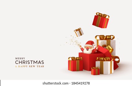 Merry christmas and Happy New Year. Realistic pile gifts boxes. Open gift box full with Santa Claus inside. Holiday banner, web poster, flyer, stylish brochure, greeting card, cover. Xmas background