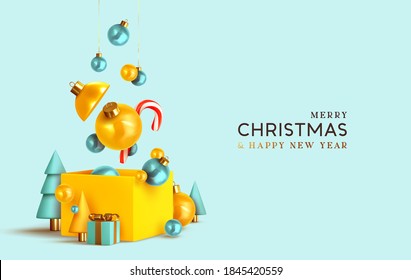 Merry Christmas and Happy New Year. Xmas design realistic abstract 3d objects. Gift box, bright bauble balls hanging from ribbon, conical pine tree, spruce, Soft yellow-blue color. vector illustration