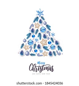 Merry Christmas and Happy New Year greeting card. Christmas holiday background with fir tree, snowflakes, glass balls, pine cones and stars
