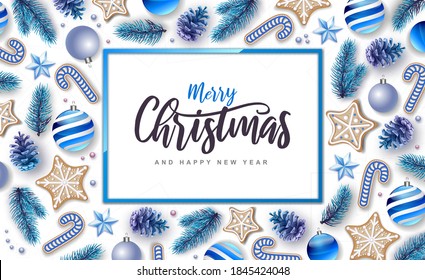 Merry Christmas and Happy New Year greeting card. Christmas holiday background with fir tree, snowflakes, glass balls, pine cones and stars