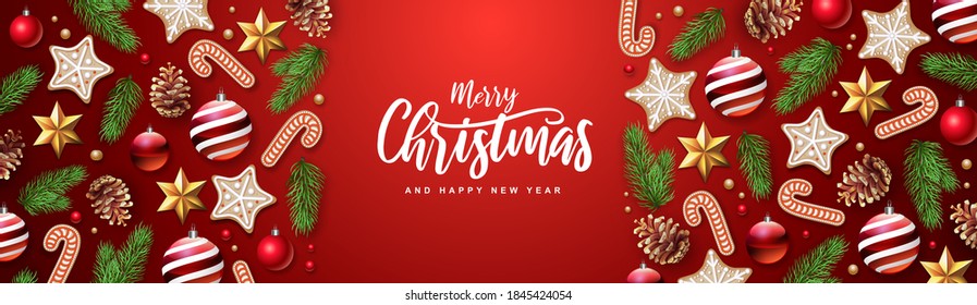 Merry Christmas and Happy New Year greeting card. Christmas holiday background with fir tree, snowflakes, glass balls, pine cones and stars