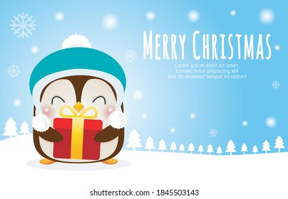 Merry Christmas and Happy new year poster, cute of happy penguin wearing christmas hats santa claus with Christmas gifts in snow scene winter banner, Xmas holiday party concept vector illustration