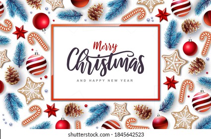 Merry Christmas and Happy New Year greeting card. Christmas holiday background with fir tree, snowflakes, glass balls, pine cones and stars