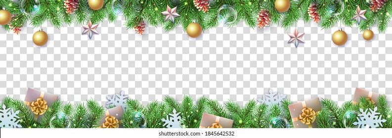 Merry Christmas and Happy New Year greeting card. Christmas holiday fir tree, snowflakes, glass balls, pine cones and star on transparent background