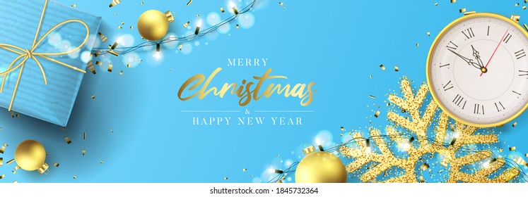 Merry Christmas and Happy New Year banner. Holiday background with realistic blue gift box, light garlands, wall clock, Christmas balls, confetti and snowflakes. Vector illustration.