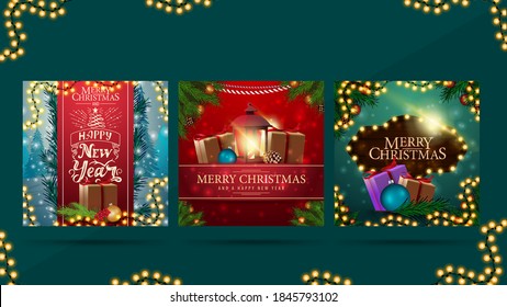 Merry Christmas and Happy New Year, greeting square postcards with Christmas presents, garlands, frame of Christmas tree branches and beautiful letterings