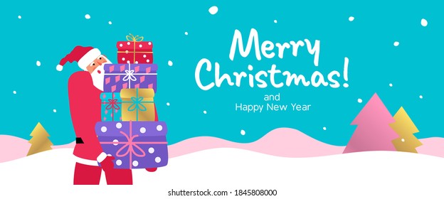 merry christmas and happy new year  cute santa claus with   gift boxes stack  cartoon web banner