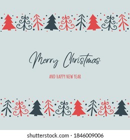 Merry Christmas and Happy New Year. Design of Christmas card with cute trees. Vector