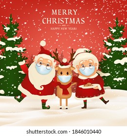 Merry Christmas. Happy new year. Funny Santa Claus with cute Mrs. Claus, red-nosed Reindeer Wearing Medical Face Mask in Christmas snow scene winter landscape. Vector cartoon character of Santa Claus.