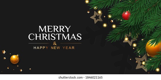 Merry Christmas and a Happy New Year banner with christmas ball, stars, fir branches.