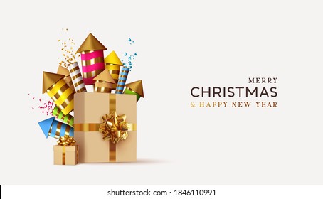 Merry Christmas and  Happy New Year. Background with realistic gifts box and fireworks. Xmas decoration holiday 3d objects. Festive gift card, banner, poster. vector illustration