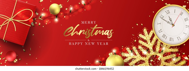 Merry Christmas and Happy New Year banner. Holiday background with realistic red gift box, light garlands, wall clock, Christmas balls, confetti and snowflakes. Vector illustration.