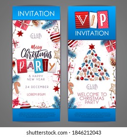 Merry Christmas and Happy New Year greeting card. Christmas holiday invitation with fir tree, snowflakes, glass balls, pine cones and stars