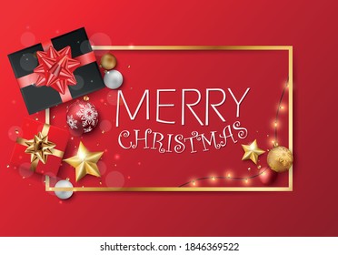 Merry christmas and happy new year banner with balls and confetti