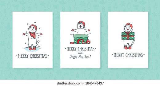 Merry Christmas and Happy New Year. Set of winter holiday greeting cards with cute white cat in Santa costume. Vector 10 EPS.