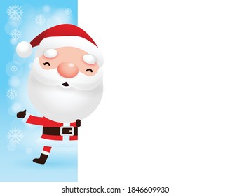 Merry Christmas and happy new year greeting card with cute Santa Claus and big sign board in Christmas snow scene winter banner, Xmas holiday party concept, Tittle Written in Blank Space Vector 