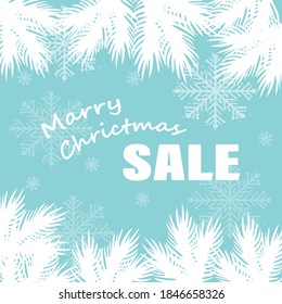 Merry Christmas and Happy New Year sale soft realistic blue greeting card with snowflakes and fir branches