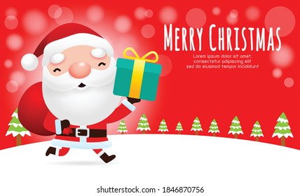 Merry Christmas and happy new year greeting card with cute Santa holding xmas gift and empty space for messages in red background  banner template copy Space isolated on background Vector Illustration