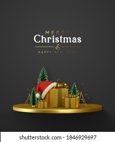 Merry Christmas and Happy New Year. Xmas composition golden podium with fluffy pine tree and fir trees, gold 3d gifts boxes, shiny tinsel confetti. Winter greeting design. Holiday vector illustration