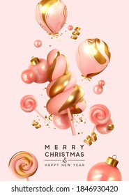 Merry Christmas and Happy New Year. Xmas Festive background with realistic 3d objects, pink helium balloons, decor bauble balls, candy cane on stick, rose color. Levitation falling design composition.