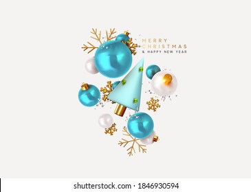 Merry Christmas and Happy New Year. Xmas Festive background with realistic 3d objects, blue and white bauble balls, conical metal christmas tree. Gold snowflake. Levitation falling design composition.