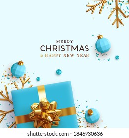 Merry Christmas and Happy New Year. Background Xmas design realistic gifts box, festive decorative objects. flat lay top view. Christmas poster, holiday banner, flyer, stylish brochure, greeting card