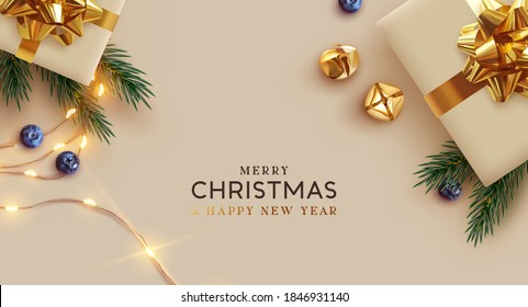 Merry Christmas and Happy New Year. Background Xmas design realistic gifts box, festive decorative objects. flat lay top view. Christmas poster, holiday banner, flyer, stylish brochure, greeting card