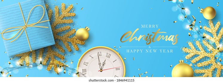 Merry Christmas and Happy New Year banner. Holiday background with realistic blue gift box, light garlands, wall clock, Christmas balls, confetti and snowflakes. Vector illustration.