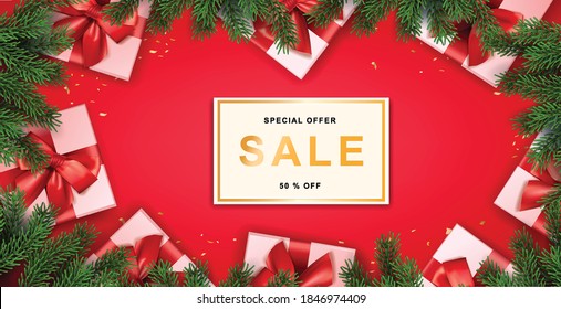 Merry Christmas and happy new year banner with Christmas decoration: colorful balls, red and white gift box and garlands on blue background. Xmas holiday greeting card, beautiful Christmas sale poster
