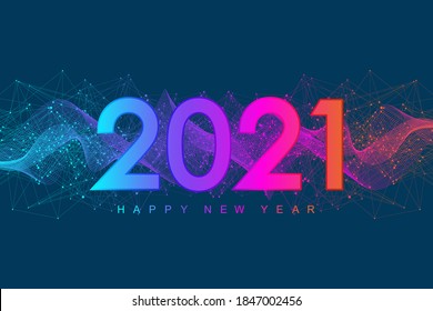 Merry Christmas And Happy New Year 2021 Greeting Card. Modern Futuristic Template For 2021. Digital Data Visualization. Business Technology Concept. Vector Illustration.
