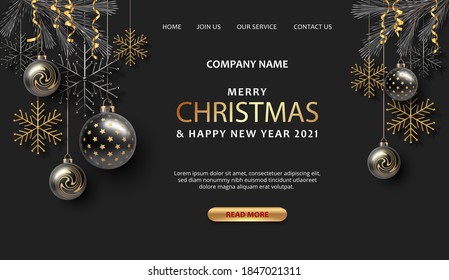 Merry Christmas and Happy New Year landing page template with Christmas decorations