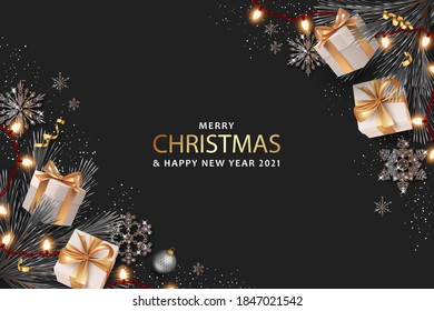 Merry Christmas and Happy New Year realistic banner with gift boxes and Christmas decorations