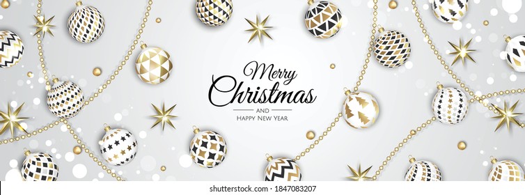 Merry Christmas and Happy New Year. Xmas background with star and balls design.